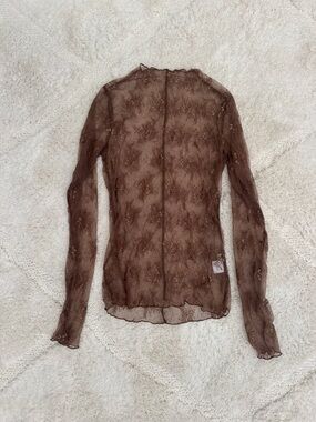 Sheer Brown Lace Long-Sleeve Top